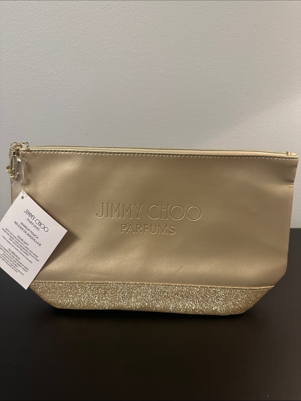 NWT Jimmy Choo Gold Parfumes Cosmetic Pouch w Glitter Trim & Gold Zipper Charm
